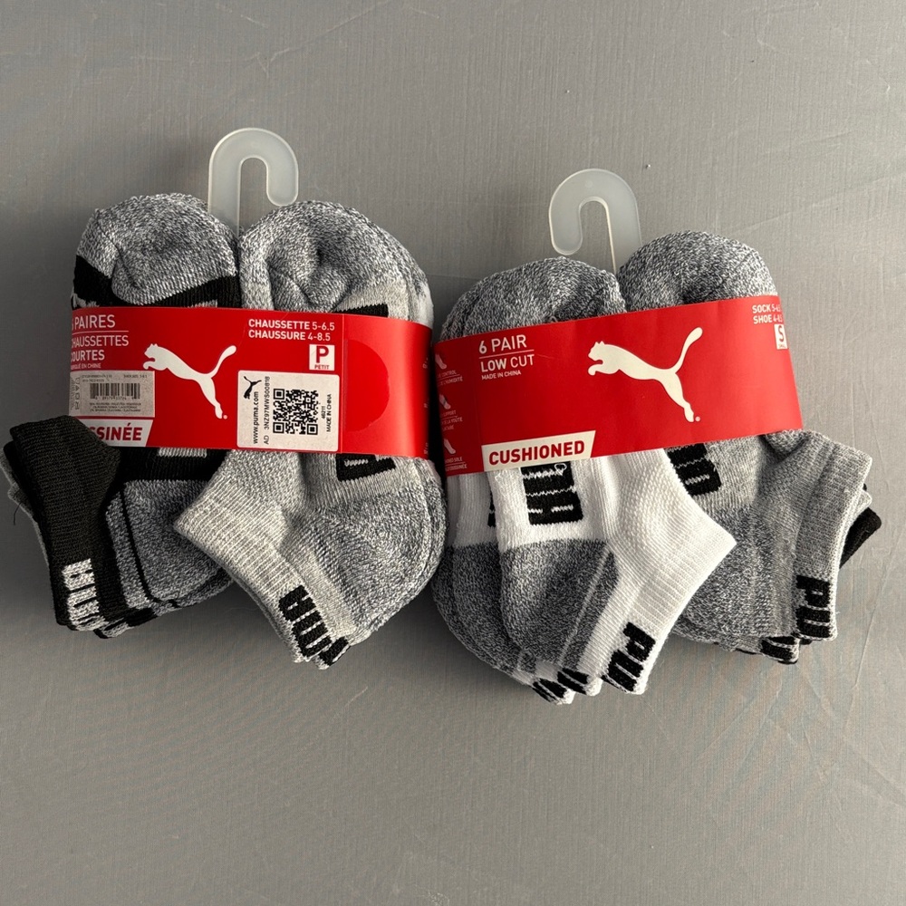 2 SET of Puma Kids Gray and Black Cushioned Socks - 6 Pair Pack (12 pair Total)